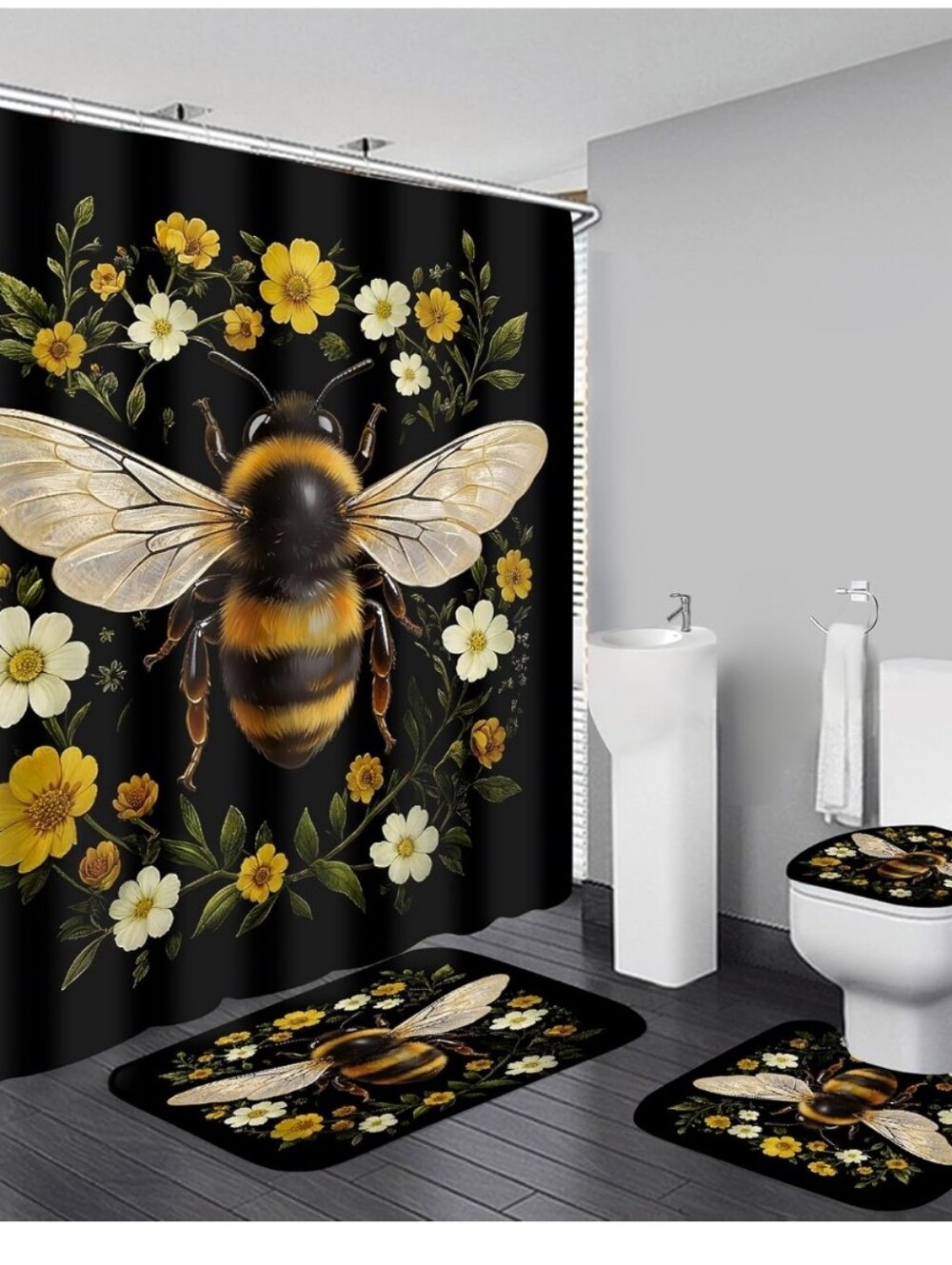 Bee Floral Black Shower Curtain and Bath Set